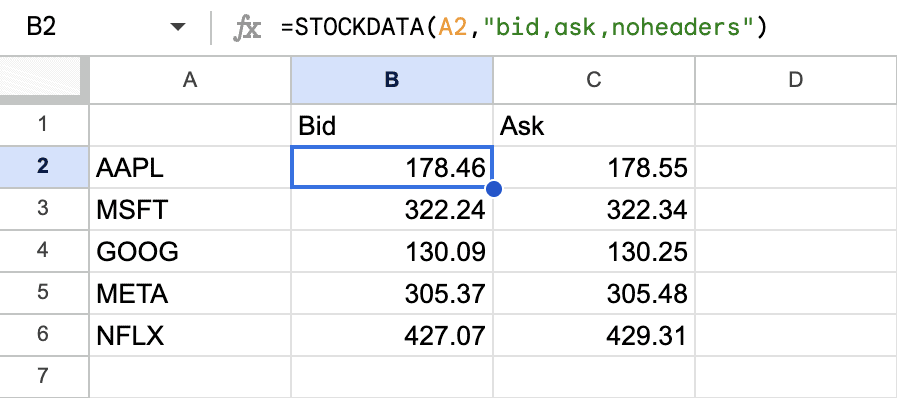 STOCKDATA - Real time quotes using cell references with the header row disabled in the output