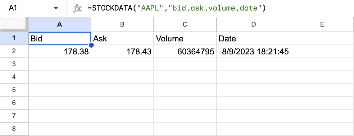 STOCKDATA - Real time quote with a custom custom column configuration